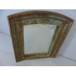 Substantial reclaimed oak surround mirror with aged green paint effect and decorative carvings