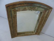 Substantial reclaimed oak surround mirror with aged green paint effect and decorative carvings