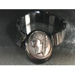 Whitby Jet Bracelet of rectangular panels and oval carved panel