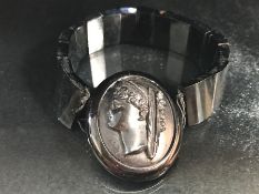 Whitby Jet Bracelet of rectangular panels and oval carved panel