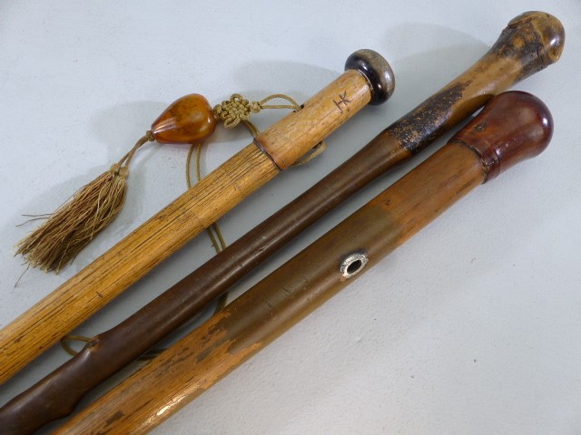 Three rustic wooden walking sticks one with Amber style tassel - Image 2 of 3