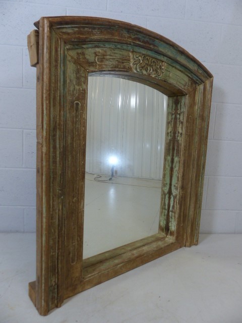 Substantial reclaimed oak surround mirror with aged green paint effect and decorative carvings - Image 2 of 6