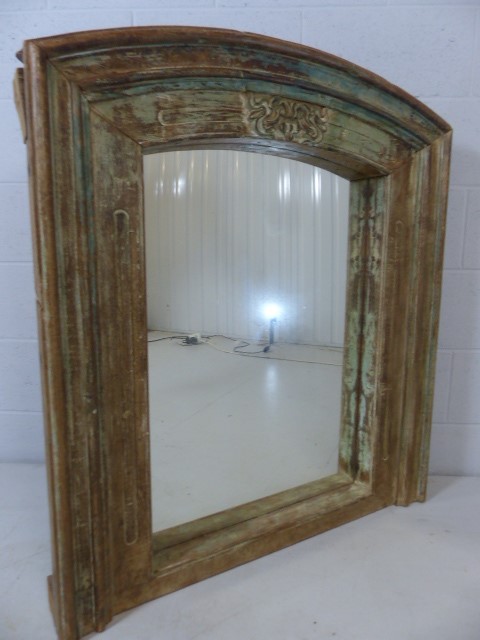 Substantial reclaimed oak surround mirror with aged green paint effect and decorative carvings - Image 3 of 6