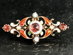 Russian Enamel, Garnet, Seed Pearl and Turquoise Brooch (approx 31mm in length)