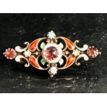 Russian Enamel, Garnet, Seed Pearl and Turquoise Brooch (approx 31mm in length)