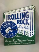 Rolling Rock metal advertising sign with integrated clock