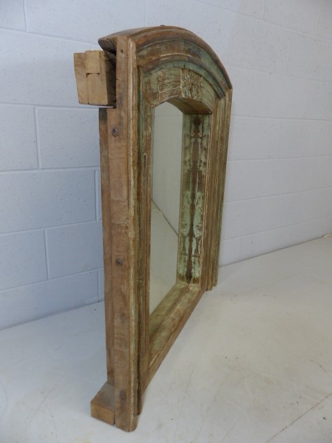 Substantial reclaimed oak surround mirror with aged green paint effect and decorative carvings - Image 5 of 6