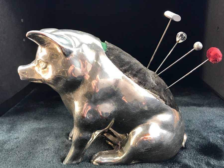 Large Hallmarked Silver pin cushion of a seated Pig (approx 11cm tall) (Hallmarks rubbed but