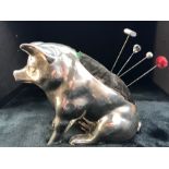 Large Hallmarked Silver pin cushion of a seated Pig (approx 11cm tall) (Hallmarks rubbed but