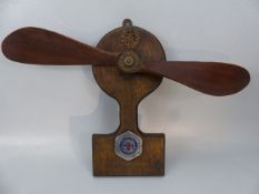 WWI Memorial plaque mounted propeller. Propeller with Crows Feet marking and letter 'A' above.