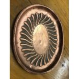 Copper tray with embossed pattern approx 27cm across