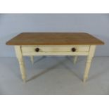 Pine kitchen farmhouse table with single drawer and cream painted legs approx. dimensions 71cm x