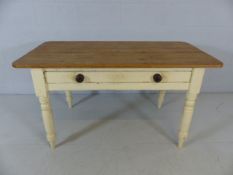 Pine kitchen farmhouse table with single drawer and cream painted legs approx. dimensions 71cm x