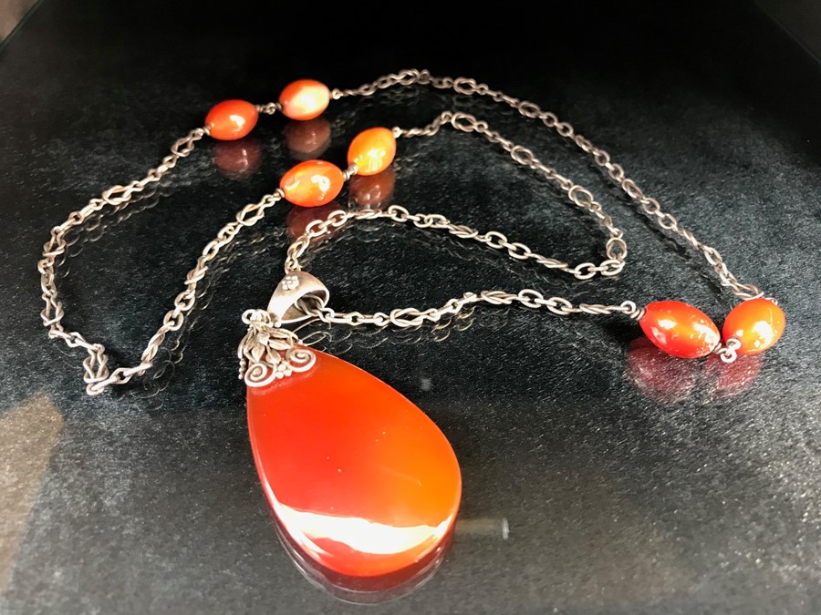 Arts & Crafts Carnelian Pendant on silver chain with three pairs of carnelian beads