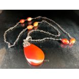 Arts & Crafts Carnelian Pendant on silver chain with three pairs of carnelian beads