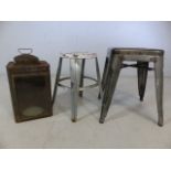 Vintage metal storm lantern and two metal stools