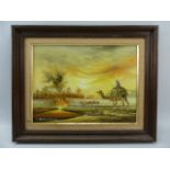 Oil on canvas signed lower left B Kim of Camels in a desert scene with oil refinery