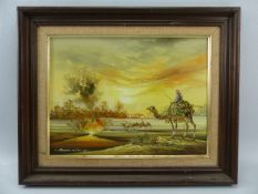 Oil on canvas signed lower left B Kim of Camels in a desert scene with oil refinery