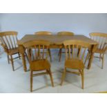 Pine farmhouse kitchen table with turned legs approx dimensions 182cm x 92cm, along with six pine