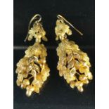 Pair of Gold drop earrings in the form of frosted oak leaves and acorns with five leaves studded