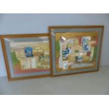 Two large contemporary decoupage framed pictures measuring approx. 159cm x 98cm and 125cm x 114cm