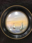 Miniature oil painting of sailing boats at sunset, framed (indistinct signature)