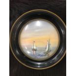 Miniature oil painting of sailing boats at sunset, framed (indistinct signature)