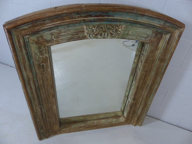 Substantial reclaimed oak surround mirror with aged green paint effect and decorative carvings - Image 6 of 6