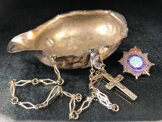 Collection of Silver items A/F: Silver cross & Chain, Royal Army Service Corp badge and a Pap boat