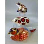 Three Royal Crown Derby paperweights to include a frog, a pig and a bird
