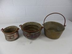 Three heavy copper and brass pans approx. 4.9kg