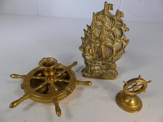 Nautical brass items to include candlestick, ships wheel and galleon - Image 2 of 2