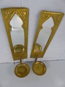 Pair of brass mirror backed wall sconce candle holders