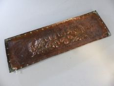 Arts and Crafts hammered copper tray with leaf decoration approx. 43cm x 14cm