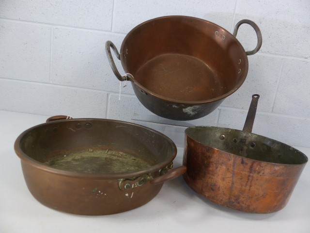 Collection of three large copper pans. Total weight approx 4.2kg