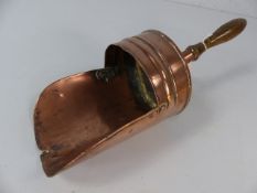 Copper grain scoop with oak wooden handle (approx 38cm in length)