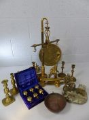 Collection of mostly brass items to include candlesticks, scales, figurines etc