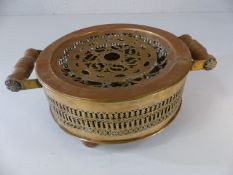 Georgian Copper plate warmer with turned wooden handles and pierced decoration (A/F diam approx