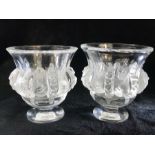 Pair Lalique frosted glass bird vases 'Dampierre' - approx 13cm high