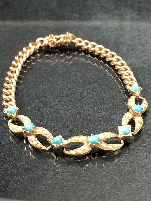 Victorian 15ct Yellow Gold Bracelet, set with 7 small cabochon Turquoise stones and Seed Pearls in a - Image 2 of 5