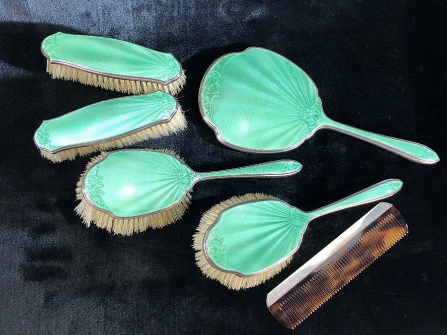 A silver and green enamel five piece dressing table set by Walker & Hall and a Silver hallmarked - Image 3 of 18