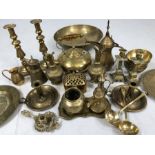 Collection of brass items to include Chinese bowl, kettle, candlesticks, Turkish coffee pot etc