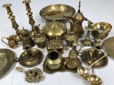 Collection of brass items to include Chinese bowl, kettle, candlesticks, Turkish coffee pot etc