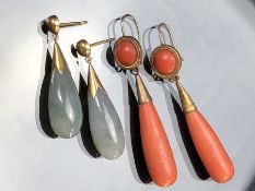 Two sets of Drop Earrings. (One) Victorian Coral Pear Drop approx: 48.25mm (including setting) x 8.