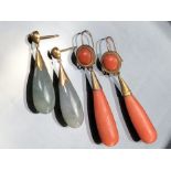 Two sets of Drop Earrings. (One) Victorian Coral Pear Drop approx: 48.25mm (including setting) x 8.