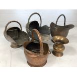 Collection of copper coal scuttles and brass vase