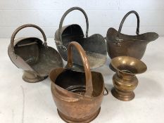 Collection of copper coal scuttles and brass vase