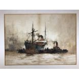Charles Edward Dixon (1872-1934) Watercolour drawing of ships on the Thames signed lower right "