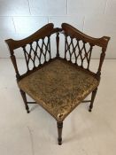 Edwardian inlaid corner chair with upholstered seat