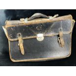 Military Interest: Leather satchel with hand written inscription to inner flap reads "HOME OFFICE